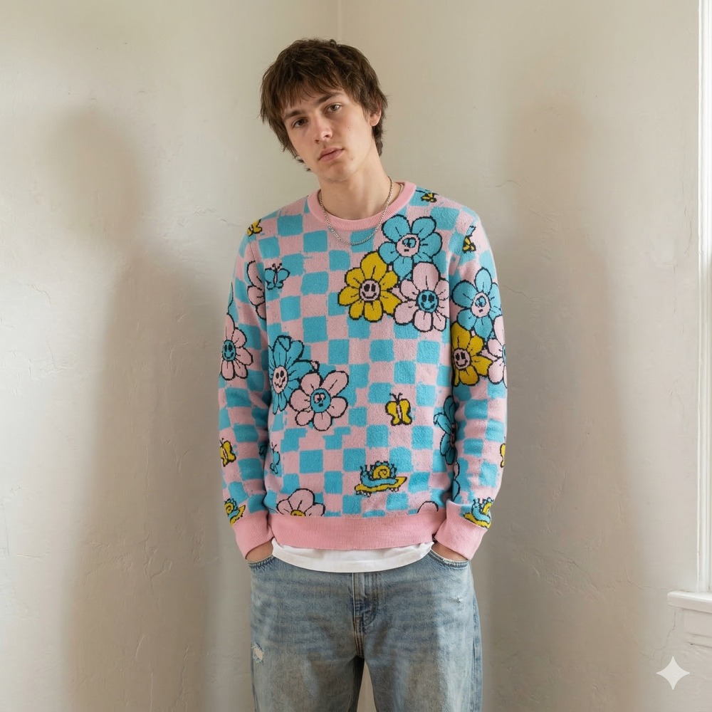 A-Lab Sweater Mens‎ Small Pink Blue Checkered Floral Graphic Crewneck Flowers